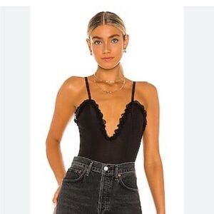 HAH Deeply Yours Bodysuit in Noir BLACK size xs lactic ruffles deep v lace trim